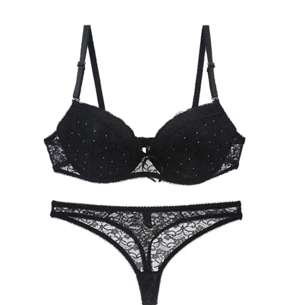 Black Lace Rhinestone Bra & Panty Set